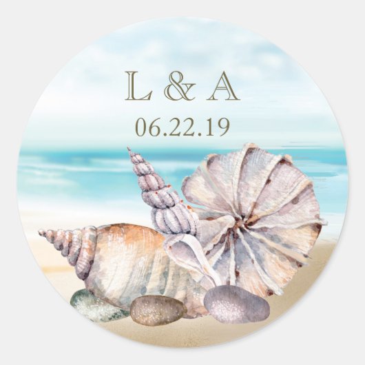 Sticker Rond Beach SeaShells | Monogramme Mariage nautique (Devant)