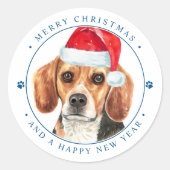 Sticker Rond Beagle Chien Père Noël Joyeux Noël personnalisé (Devant)