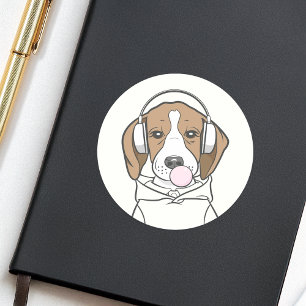Sticker Rond Beagle décontracté avec Bubble Gum Mignon Drôle de