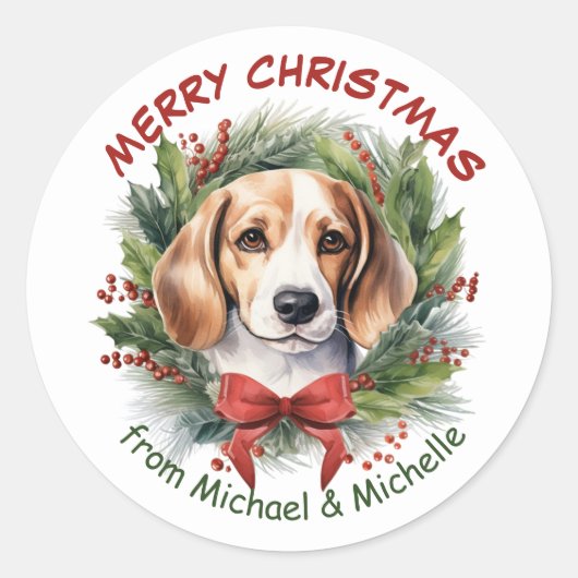 Sticker Rond Beagle Hound Christmas Red Bow Wreath (Devant)