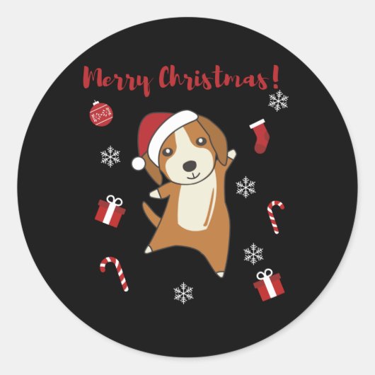 Sticker Rond Beagle Joyeux Noël Animaux d'hiver Chien (Devant)