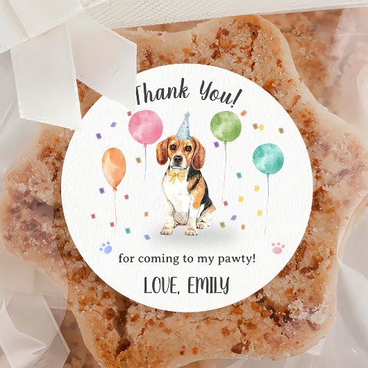 Sticker Rond Beagle laisse le chien à l'anniversaire Merci