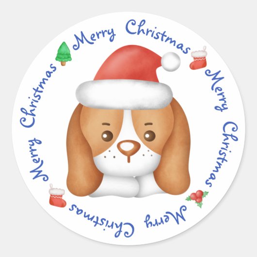 Sticker Rond Beagle Puppy Dog Festive Père Noël Joyeux Noël (Devant)