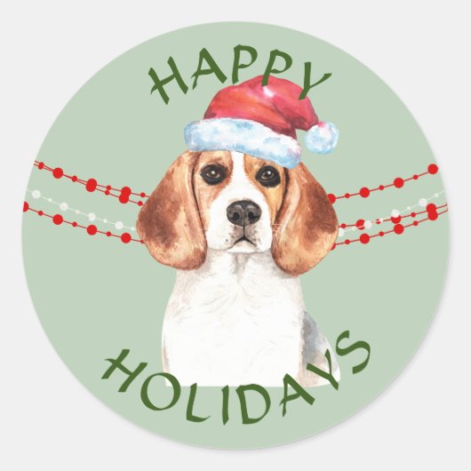 Sticker Rond Beagle Santa Hat Joyeuses Fêtes (Devant)