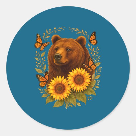 Sticker Rond Bear Butterfly Nature Rustic Sunflower Monarch Art (Devant)