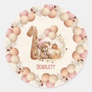 Sticker Rond Bear mignonne Automne Fille Béary 1er Anniversaire