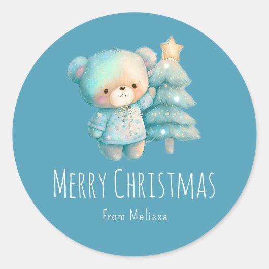 Sticker Rond Bear mignonne et sapin de Noël Turquoise (Devant)