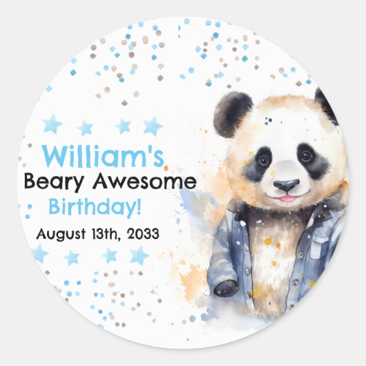 Sticker Rond Beary Awesome Boys Aquarelle Panda Anniversaire (Devant)