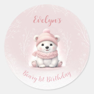 Sticker Rond Beary d'hiver 1er anniversaire Ours rose
