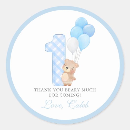 Sticker Rond Beary First Teddy Bear Boy Birthday Party (Devant)