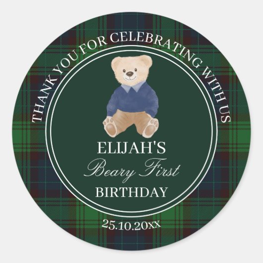 Sticker Rond Beary premier ours en peluche vert plaid anniversa (Devant)