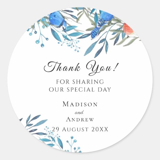 Sticker Rond Beau Aquarelle Oiseaux et Merci de feuillage (Devant)