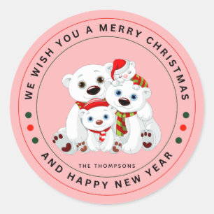 Sticker Rond Beau Blanc Ours Polaire Famille Rose Noël