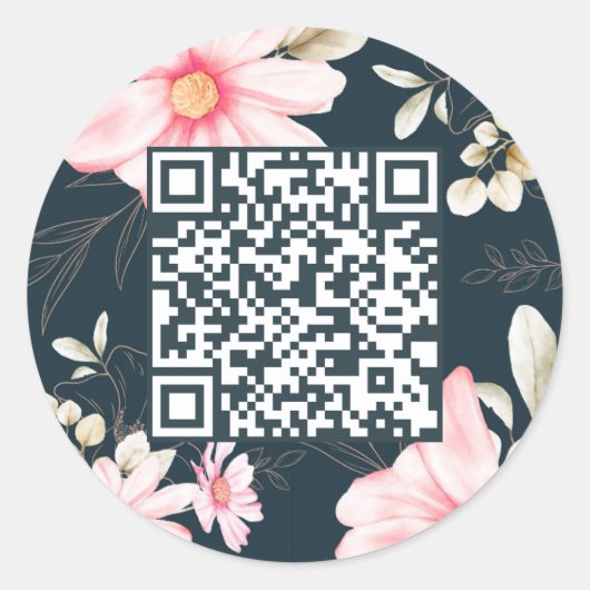 Sticker Rond Beau Blush Floral QR Code Bleu foncé (Devant)