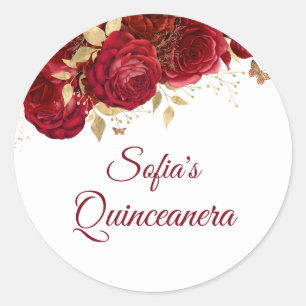 Sticker Rond Beau Cadeau de Fête de Quinceañera aux Roses Rouge