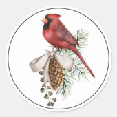 Sticker Rond Beau Cardinal de Noël Rouge avec Pine Cone (Devant)