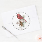 Sticker Rond Beau Cardinal de Noël Rouge avec Pine Cone (Enveloppe)
