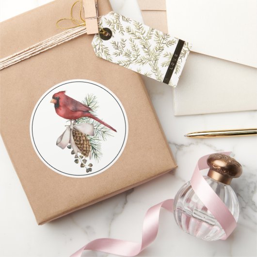 Sticker Rond Beau Cardinal de Noël Rouge avec Pine Cone (Cadeaux)