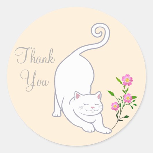 Sticker Rond Beau chat blanc avec des fleurs Merci (Devant)