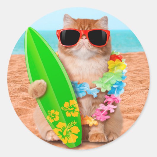Sticker Rond Beau chat surfeur sur la plage (Devant)