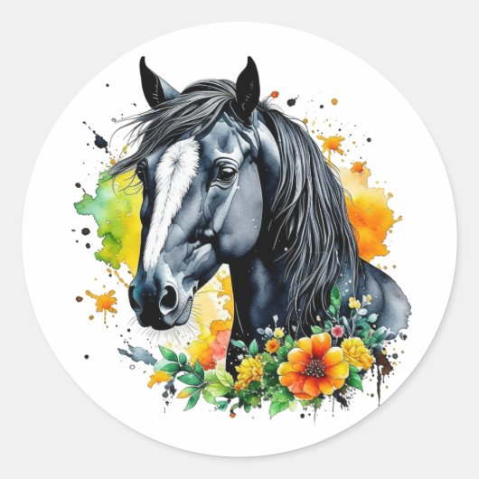 Sticker Rond Beau Cheval Noir Entouré de Fleurs Jaunes (Devant)