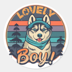 Sticker Rond Beau Cool Boy Vintage Retro Husky Puppy