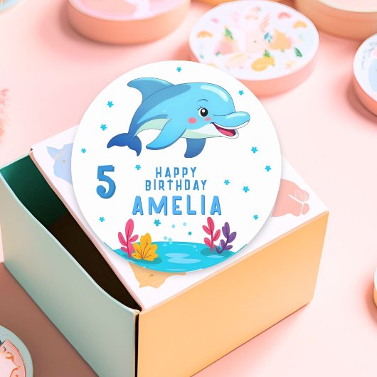 Sticker Rond Beau Dauphin Sea Animaux Anniversaire