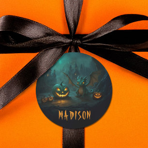 Sticker Rond Beau Dragon d'Halloween avec Citrouilles effrayant