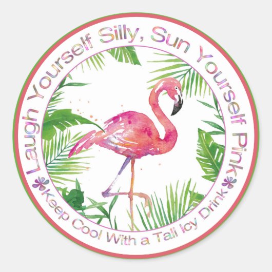 Sticker Rond Beau Flamant rose et palmiers Dire amusant (Devant)