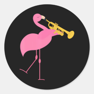 Sticker Rond Beau Flamant rose Jouer Trumpet Musicien
