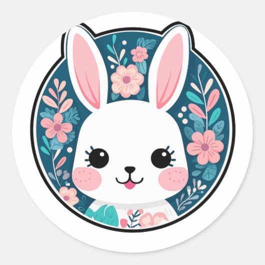 Sticker Rond Beau lapin avec Motif à fleurs (Devant)