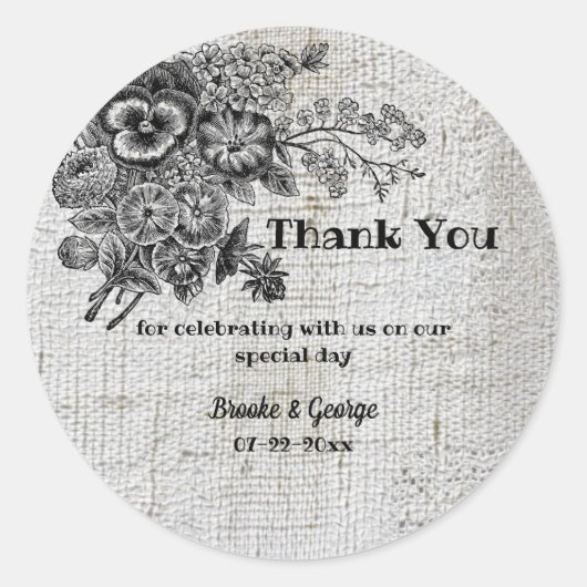 Sticker Rond Beau Mariage de Fleurs Noir & Gris (Devant)