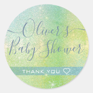 Sticker Rond Beau Merci de Baby shower bleu vert Parties scinti