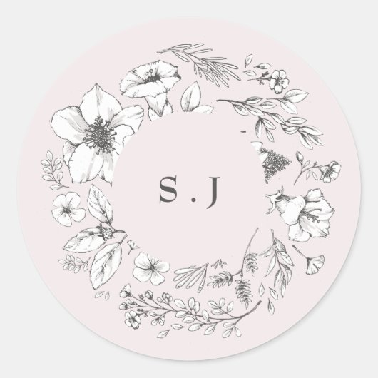 Sticker Rond Beau Monogramme Floral Blush Sketched Wreath (Devant)