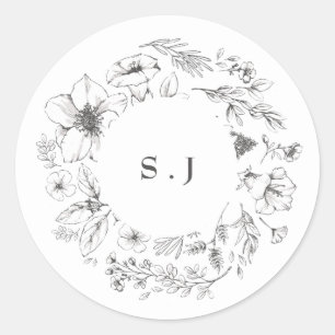 Sticker Rond Beau Monogramme Floral Mariage de couronne dessiné