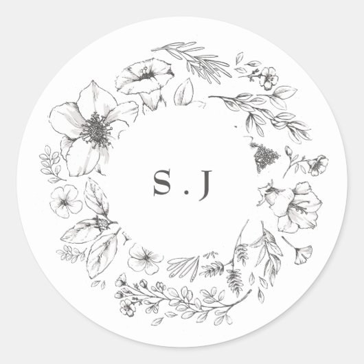 Sticker Rond Beau Monogramme Floral Mariage de couronne dessiné (Devant)