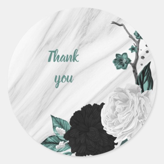 Sticker Rond Beau noir blanc turquoise fleurs marbre (Devant)