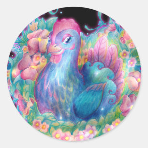 Sticker Rond Beau poulet et fleurs