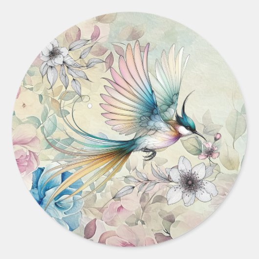 Sticker Rond Beau Printemps  Aquarelle Fleur Oiseau en Vol (Devant)