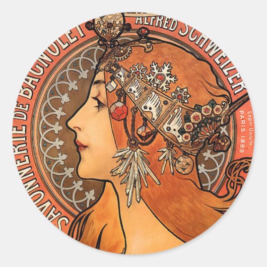 Sticker Rond Beau profil femme - Mucha (Devant)