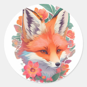Sticker Rond Beau renard orange clair couleur vive en fleurs