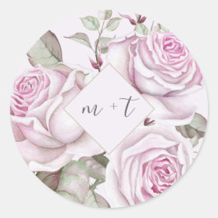 Sticker Rond Beau Roses violets avec Mariage Monograms