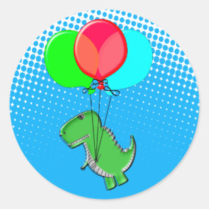 Sticker Rond Beau Vol T-Rex Avec Ballons Dans Ciel Bleu