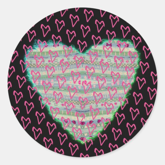 Sticker Rond Beaucoup Jolly Happy Coeurs vert et rose (Devant)