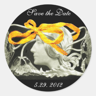 STICKER ROND BEAUTÉ ÉLÉGANTE / FEMME AVEC BOW JAUNE ET FLEURS