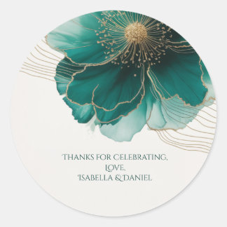Sticker Rond Beautiful Teal Floral Gold Wedding