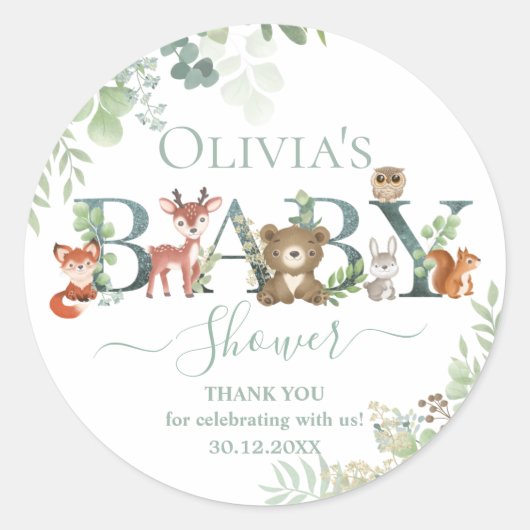 Sticker Rond Beaux animaux de bois Baby shower verdure Favorise (Devant)