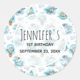 Sticker Rond Beaux Baleines nautiques Aquarelle Motif Anniversa