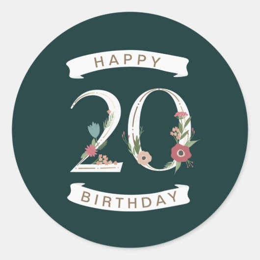 Sticker Rond Beaux chiffres floraux 20e anniversaire (Devant)