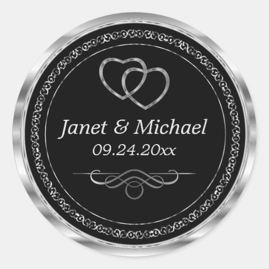 Sticker Rond Beaux Cœurs d'Argent sur Fond Noir (Devant)